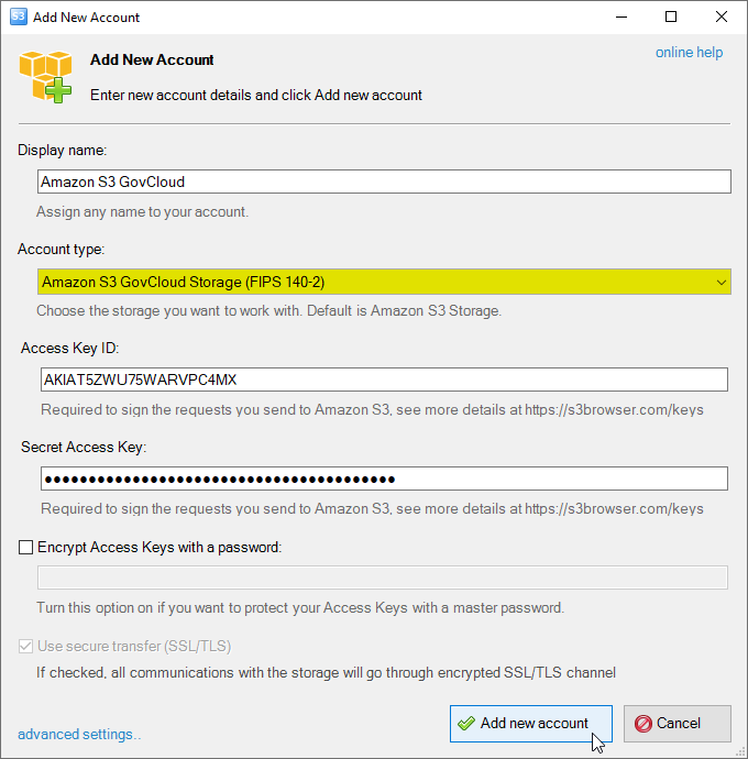 add aws govcloud storage account