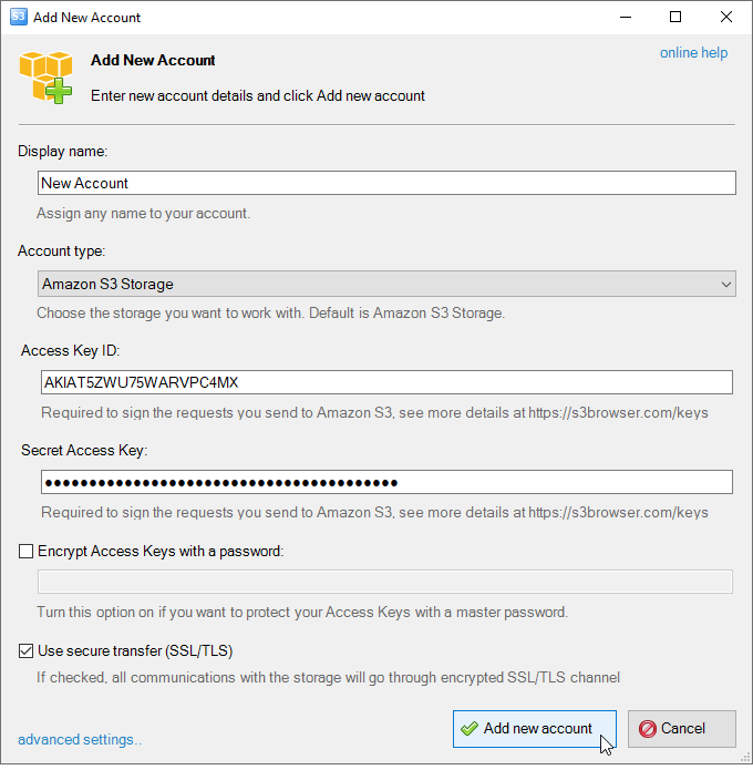 how to add new amazon s3 account