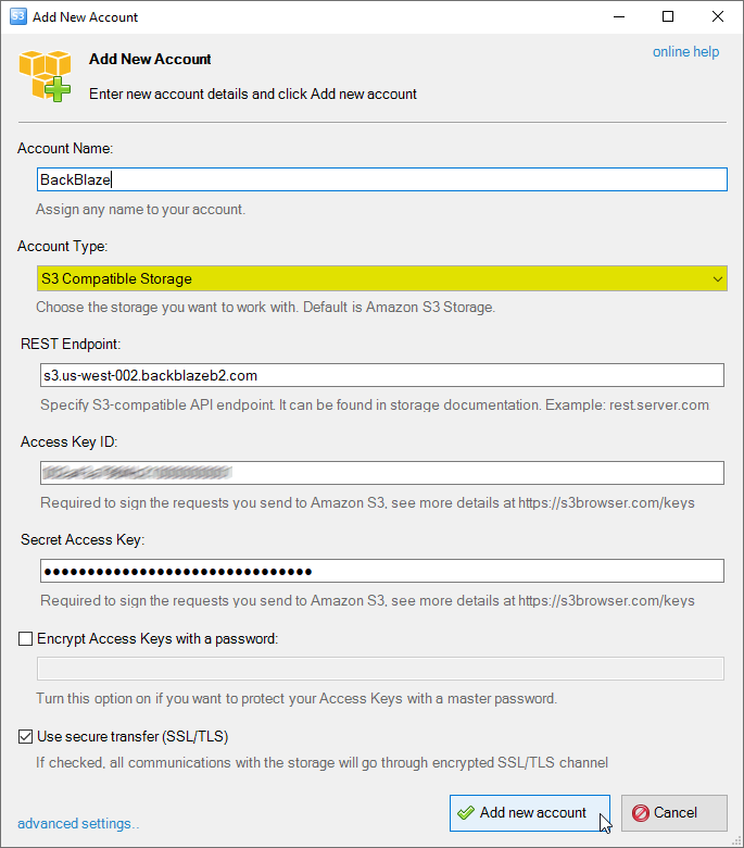 add Amazon S3 compatible storage account