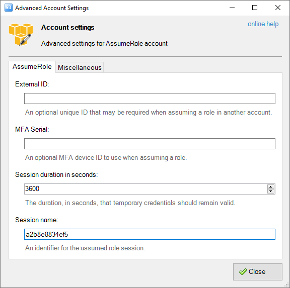 Advanced settings for Amazon S3 via AssumeRole account type Advanced Account Settings dialog