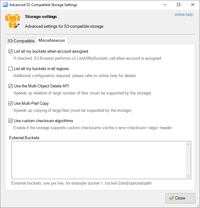 Advanced Amazon S3 compatible storage settings