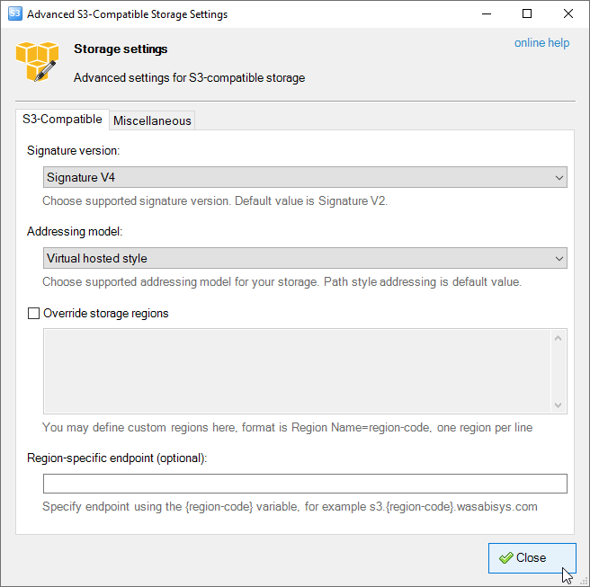Advanced Amazon S3 compatible storage settings