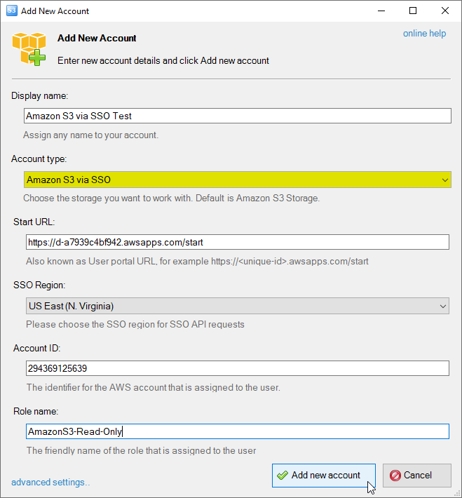 Add Amazon S3 via AWS SSO account