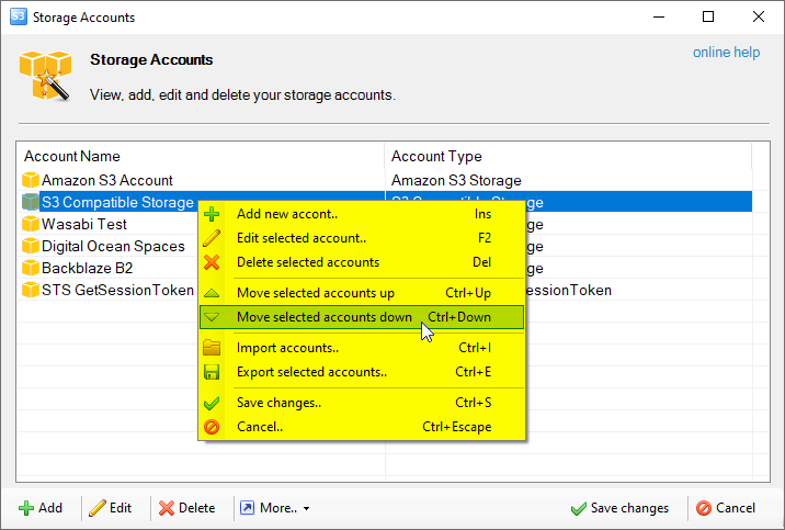 accounts context menu