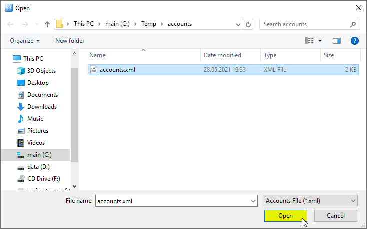 Open file dialog, import storage accounts