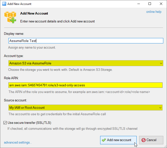 how to add Amazon S3 via AssumeRole account add Amazon S3 via AssumeRole account