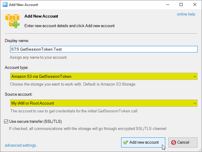 Amazon S3 via GetSessionToken account Add Amazon S3 via GetSessionToken account