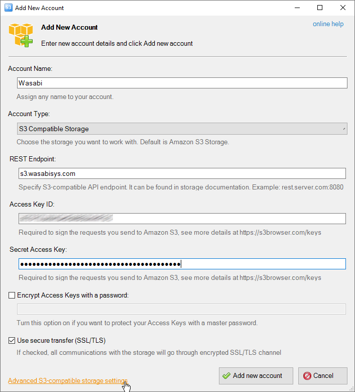how to add wasabi storage account add Amazon S3 compatible storage account