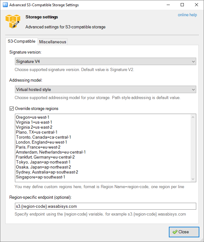 Advanced Amazon S3 compatible storage settings dialog Advanced Amazon S3 compatible storage settings