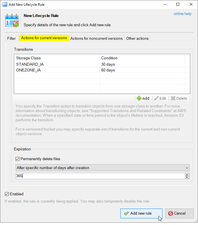 Add New Lifecycle Rule - Transition/Expiration actions
