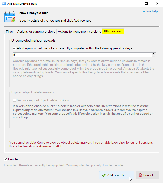 Add New Lifecycle Rule - Other actions