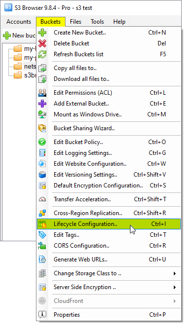 Click Buckets->Lifecycle Configuration