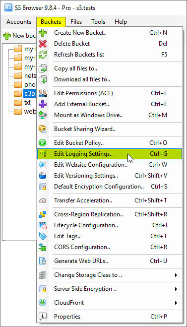 Click buckets, edit logging settings
