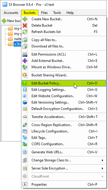 Bucket Policies. Edit Amazon S3 Bucket policies.