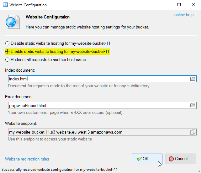 bucket website dialog