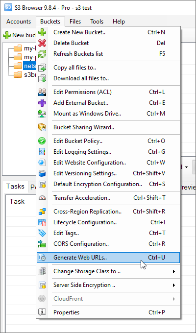 Buckets menu in CS Browser