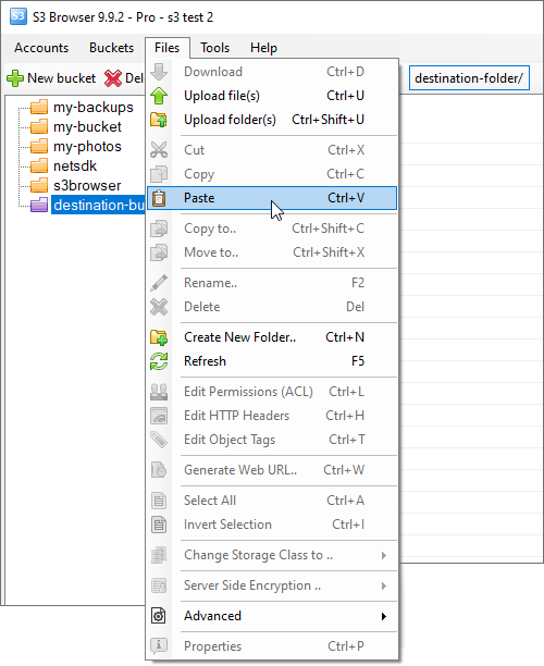 Open destination (external) bucket and click Files->Put