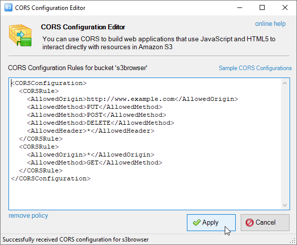 Amazon S3 bucket cors configuration editor