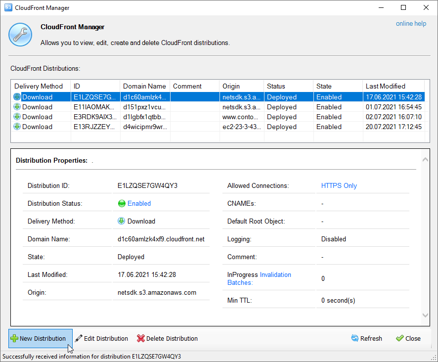 CloudFront Manager - Main Window - Create New CloudFront Distribution CloudFront Manager Dialog