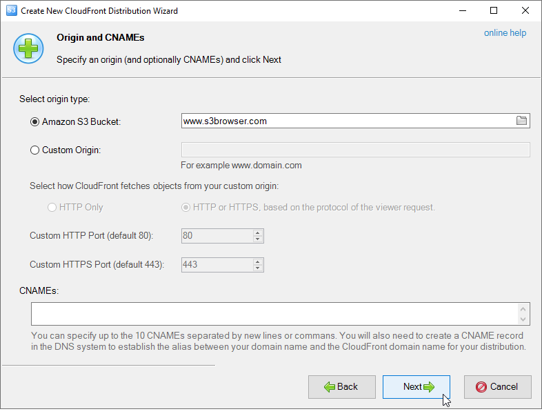 Select an Origin for a new Distribution and optionally CNAMEs configure distribution's origin and cnames