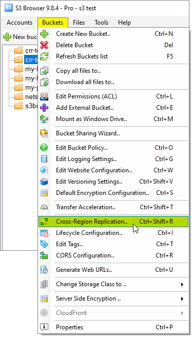 Navigate to the source bucket and click Buckets, Cross-Region Replication Click Buckets, Cross-Region Replication