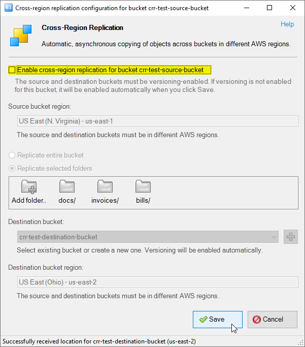 Cross-Region Replication dialog Replication configuration dialog