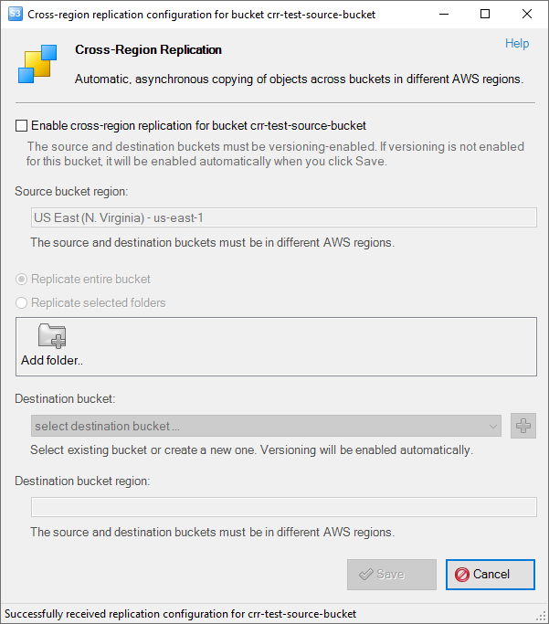 Cross-Region Replication dialog Replication configuration dialog