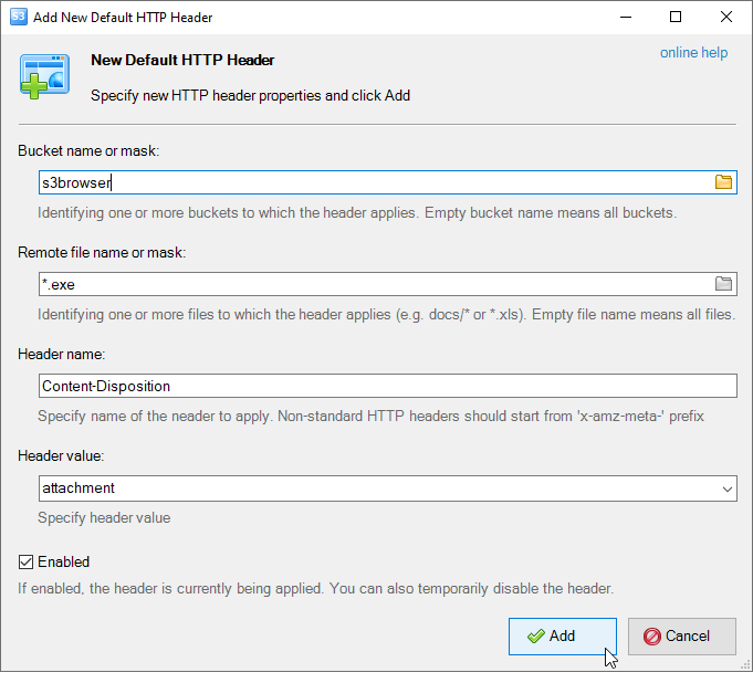 The Add new default HTTP header dialog