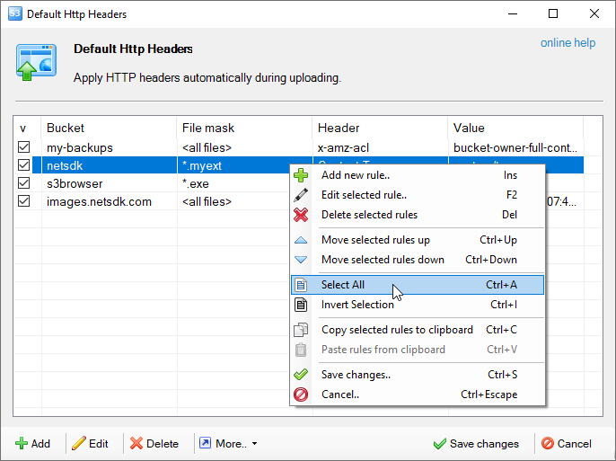 default http headers dialog context menu