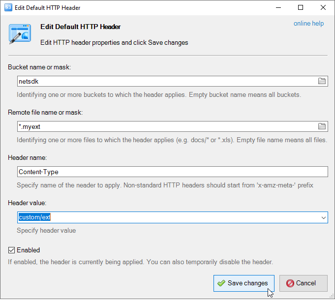The Edit default HTTP header dialog