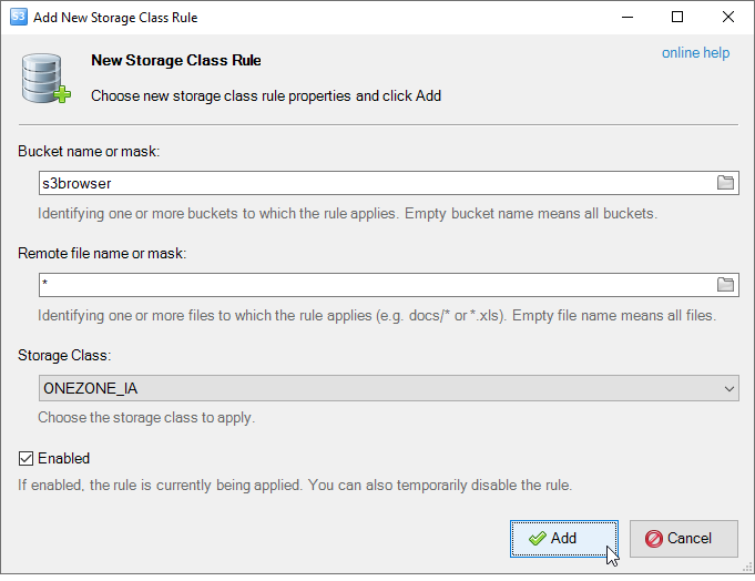 The Add New Storage Class Rule dialog The Add new default Storage Class dialog