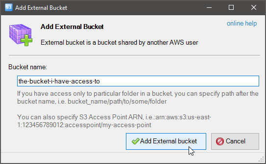 Enter name of the bucket or access point ARN you want to connect