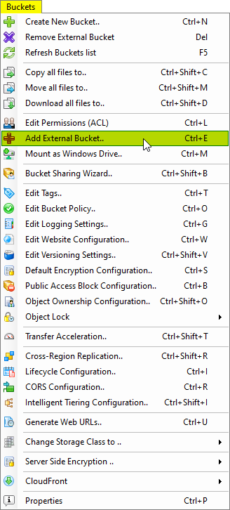 Click Buckets->Add External Bucket menu item