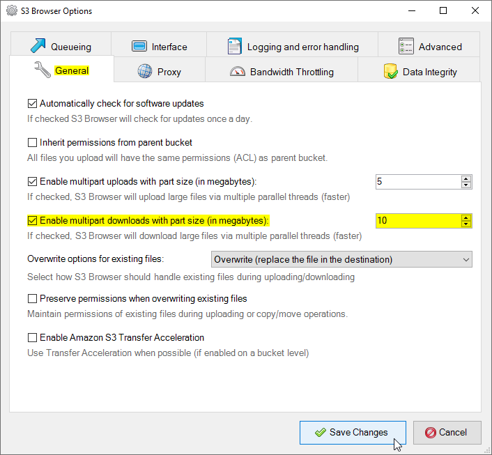 CS Browser multipart download settings