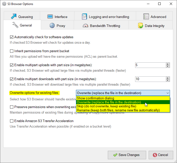 Tools, Options, General, Overwrite options for existing files overwrite options for existing files