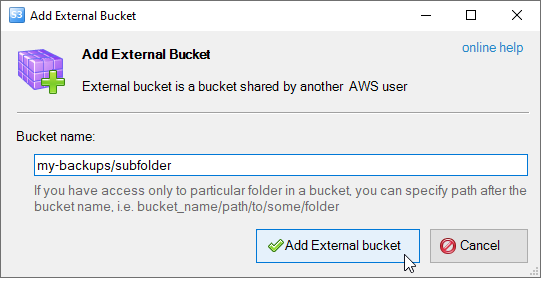 Add External Bucket dialog