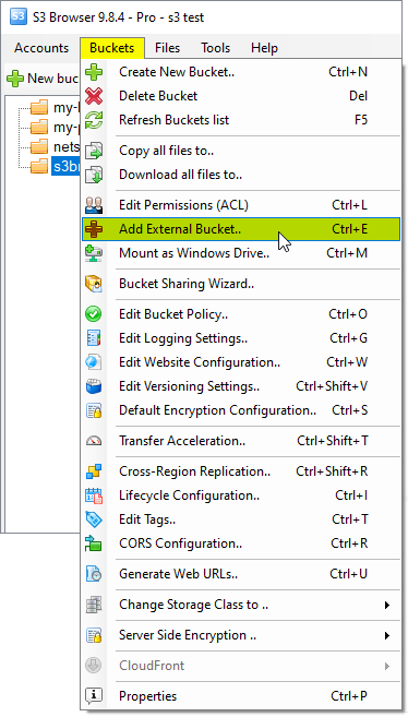 Click 'Buckets->Add External Bucket'.