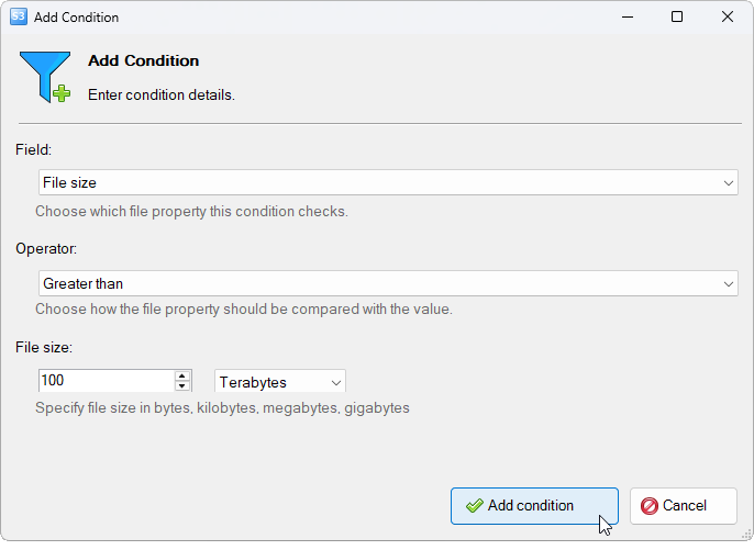 Add Exclusion Rule Condition dialog