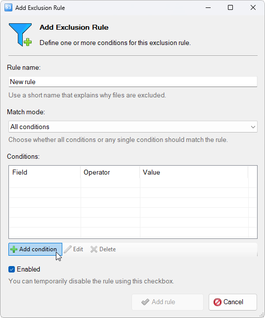 Add Exclusion Rule dialog