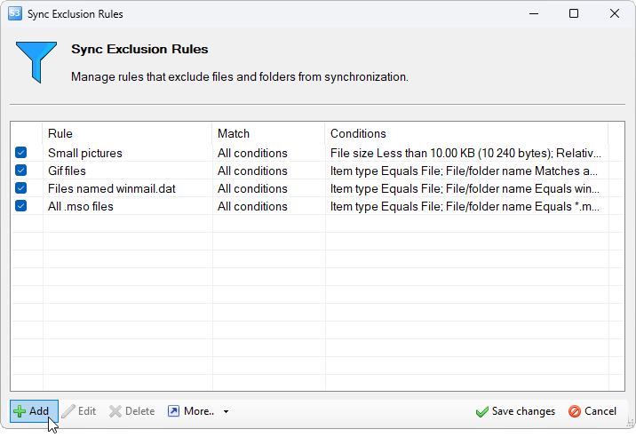Sync Exclusion Rules dialog