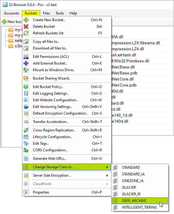 Switch entire bucket to the Amazon S3 Glacier storage class Click buckets, change-storage-class-to menu item
