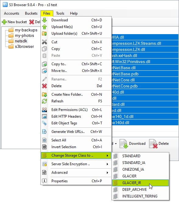 Apply Amazon S3 Glacier for existing files Click files, change-storage-class-to