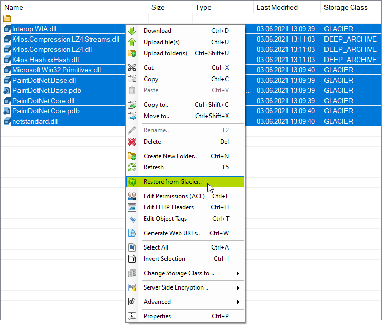 Select files and click Restore from Amazon S3 Glacier select files and click restore