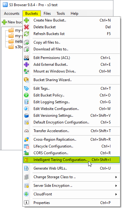 Click Buckets->Intelligent Tiering Configuration
