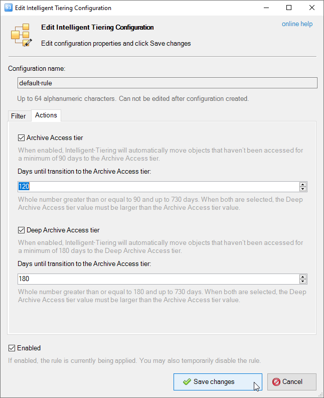 The Filter tab of the Add New Intelligent Tiering Configuration Dialog