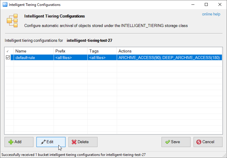 The Intelligent Tiering Configurations dialog