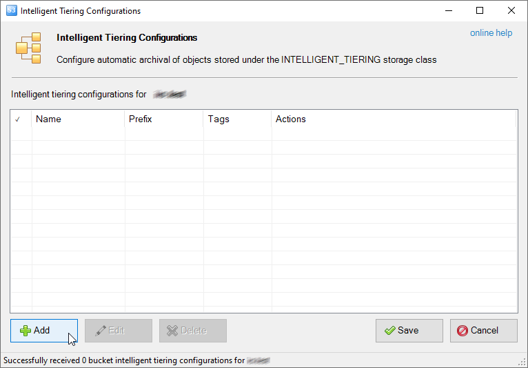 The Intelligent Tiering Configurations dialog