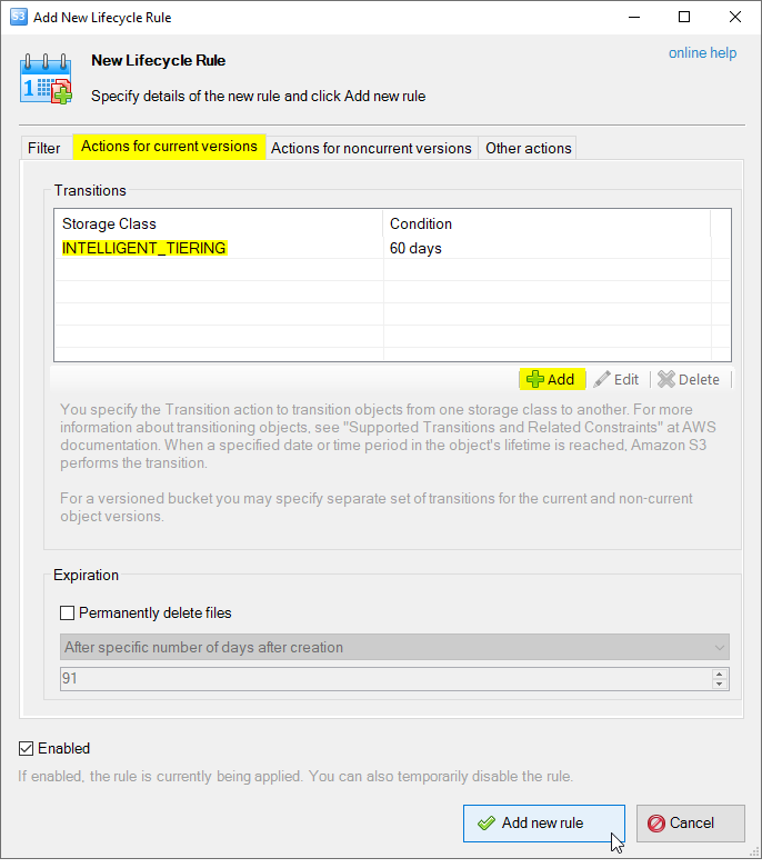 Add New Lifecycle Rule - Actions for current versions