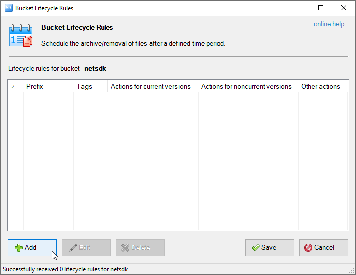 Buckets-lifecycle-configuration dialog
