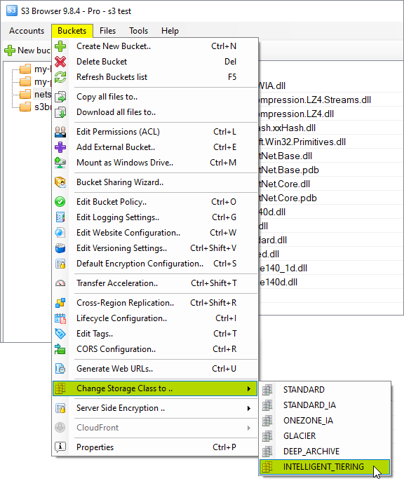 Click buckets, change-storage-class-to menu item